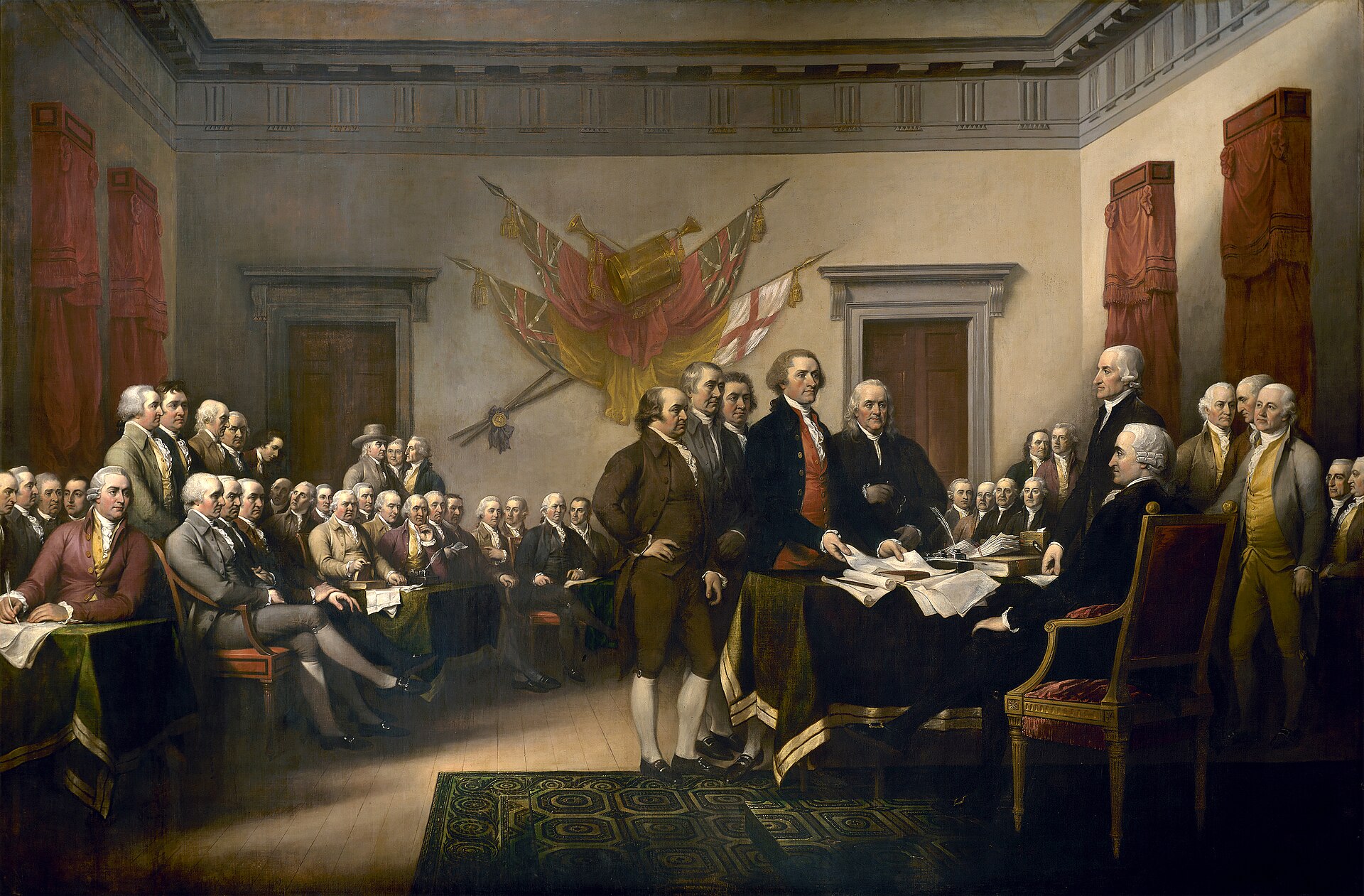 Trumbull's Declaration of Independence, painted in 1819 and hung in the Capitol Rotunda. It does not show the signing: the scene is the drafting committee presenting its text to Congress on June 28, 1776.