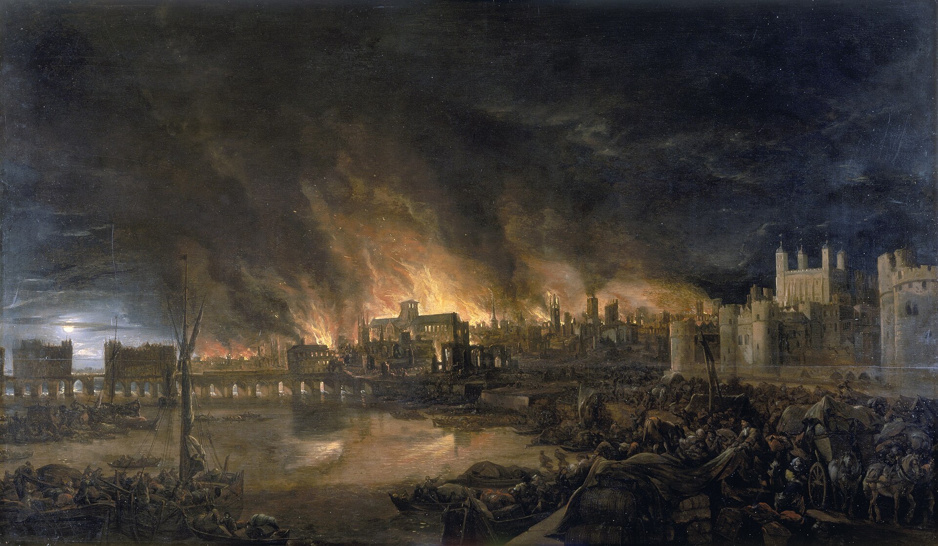The Great Fire seen from a boat near Tower Wharf, by an unknown painter — the Tower at right, London Bridge at left, St. Paul's burning beyond.