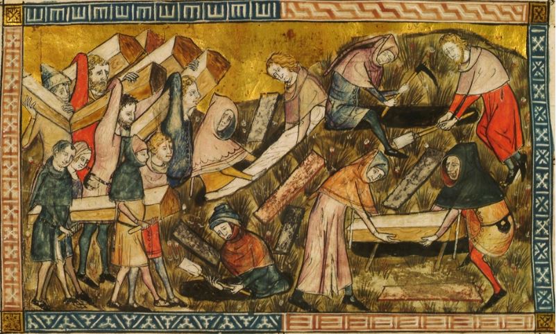 The people of Tournai bury their dead, 1349 — from the abbey chronicle of Gilles li Muisis, painted within living memory of the conjunction.