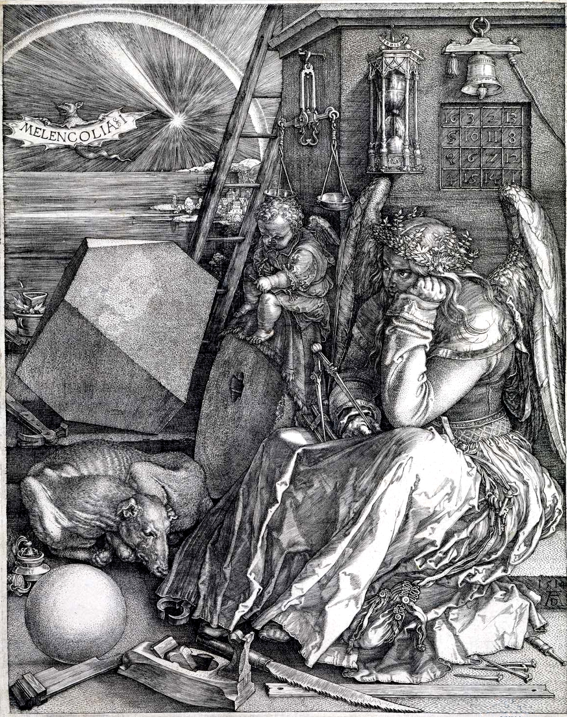 Melencolia I, Albrecht Dürer, copper engraving, 1514. The square hangs on the wall at upper right, beside the bell — above the winged figure sunk in the scholar's darkness.
