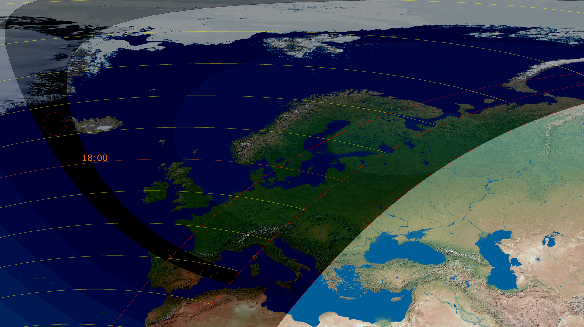 The path of totality, August 12, 2026 — touching down in the Arctic, crossing Iceland, and coming ashore in Spain at evening.
